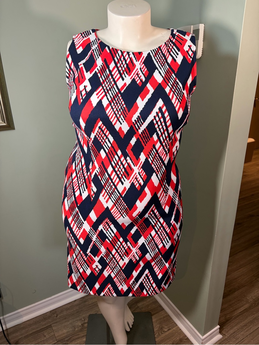 202. Connected Sleeveless Geometric Sheath Dress in Red, Navy & White